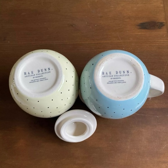 Rae Dunn Ceramic Yellow and Blue Polka Dot Scoop. Pour. Sugar and Creamer Set - Picture 4 of 6